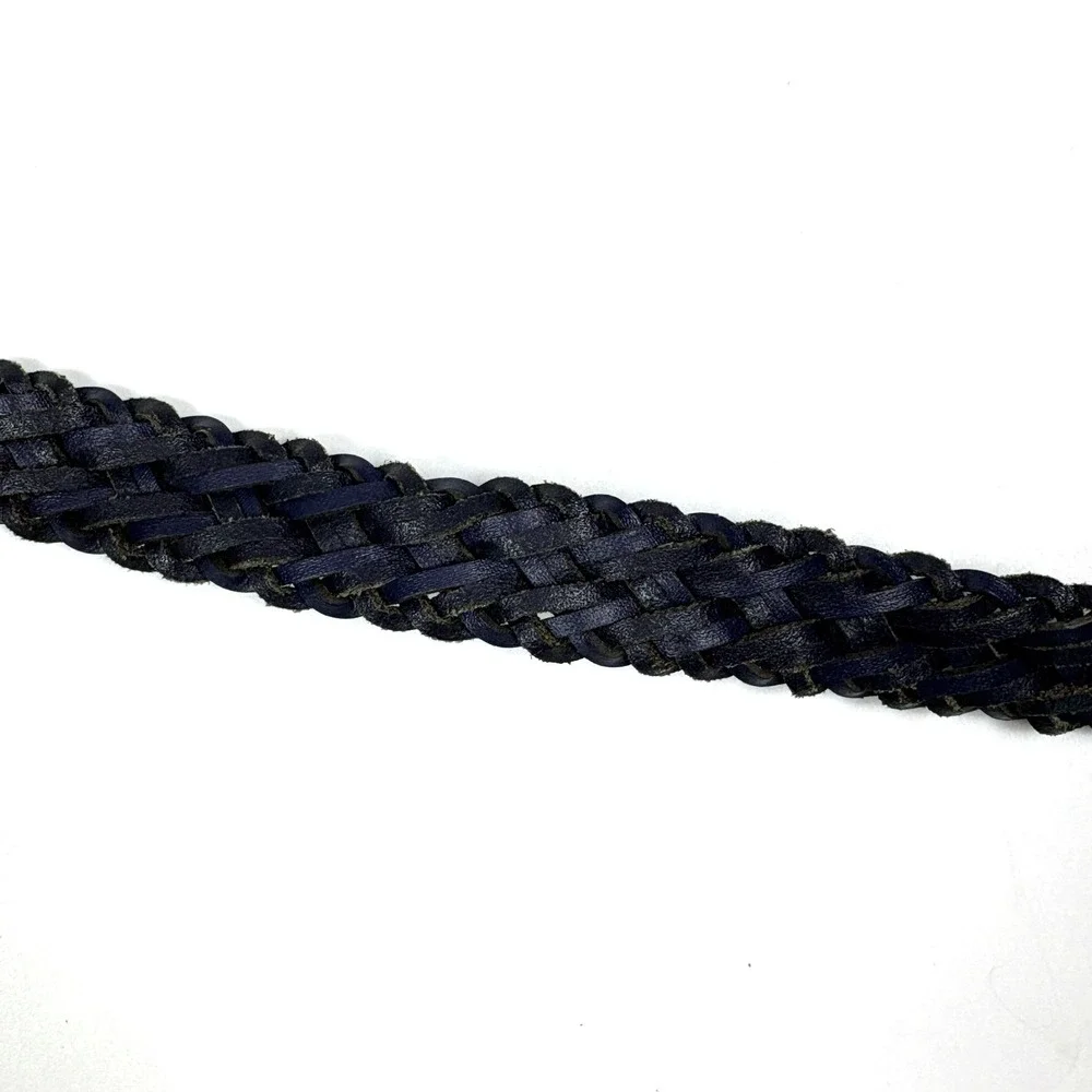 VTG 80s Chic Brand Braided Genuine Leather Belt Womans Sz L Navy Blue‎ Gold Tone